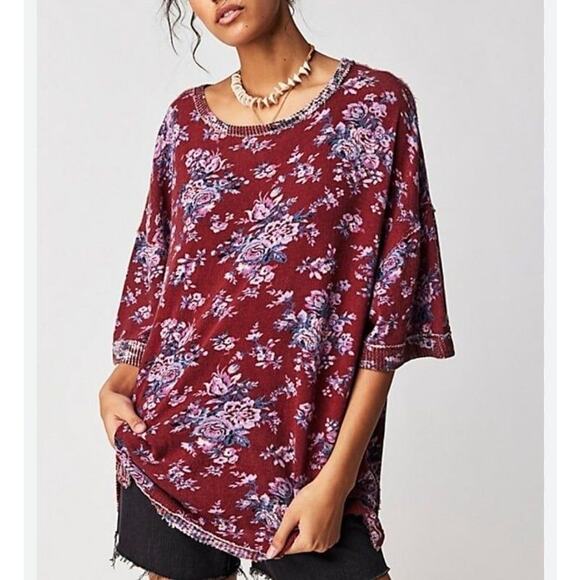 NWOT Free People "You and Me" Slouchy Burgundy Red Floral Oversized Top size M - Picture 1 of 8